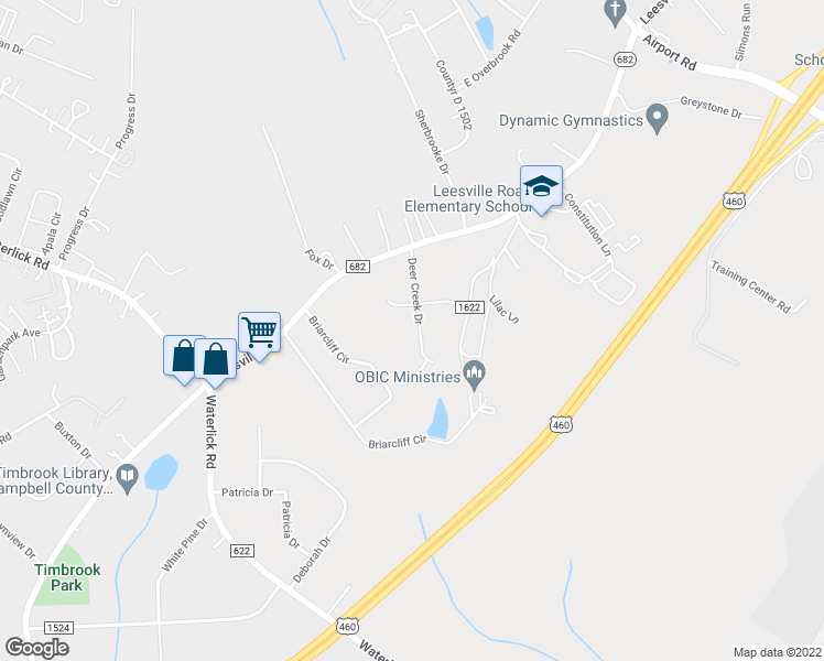 map of restaurants, bars, coffee shops, grocery stores, and more near 179 Deer Creek Drive in Lynchburg