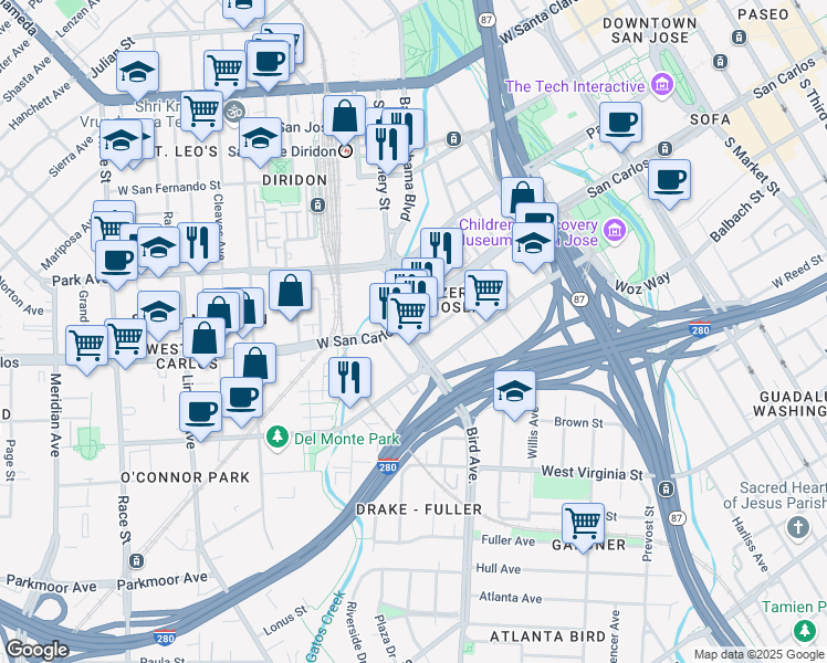 map of restaurants, bars, coffee shops, grocery stores, and more near 300 Bird Avenue in San Jose