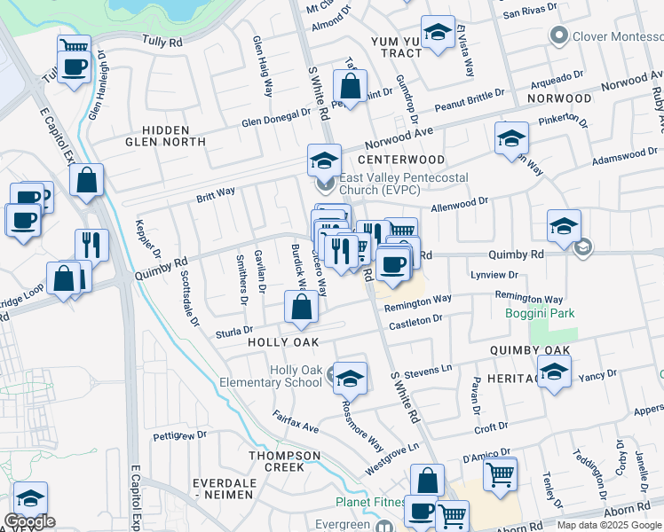 map of restaurants, bars, coffee shops, grocery stores, and more near 2815 South White Road in San Jose