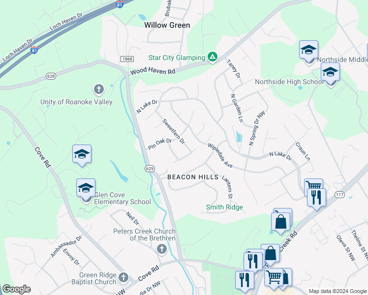 map of restaurants, bars, coffee shops, grocery stores, and more near 5416 Sweetfern Drive in Roanoke