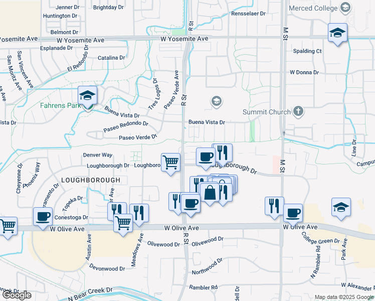 map of restaurants, bars, coffee shops, grocery stores, and more near 3329 Santa Rosa Court in Merced