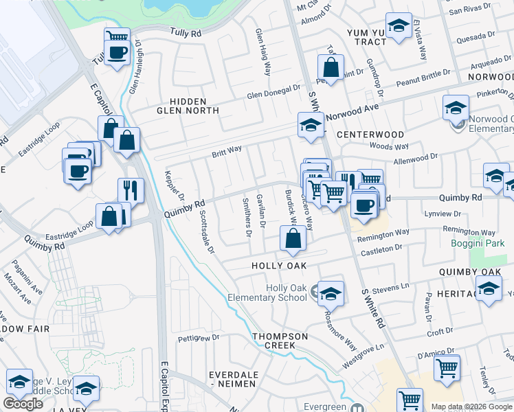 map of restaurants, bars, coffee shops, grocery stores, and more near 2792 Gavilan Drive in San Jose
