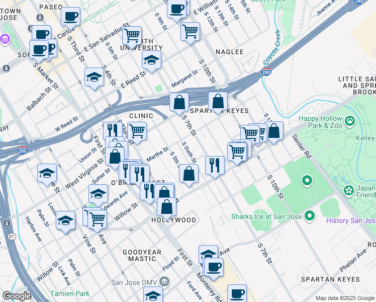 map of restaurants, bars, coffee shops, grocery stores, and more near 2103 South 6th Street in San Jose