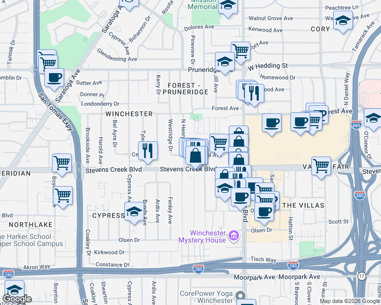 map of restaurants, bars, coffee shops, grocery stores, and more near 3249 Cecil Avenue in Santa Clara