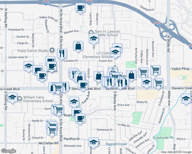 map of restaurants, bars, coffee shops, grocery stores, and more near 10107 Randy Lane in Cupertino