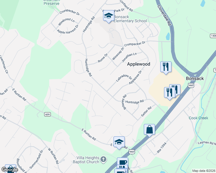 map of restaurants, bars, coffee shops, grocery stores, and more near 5215 Huntridge Road in Roanoke