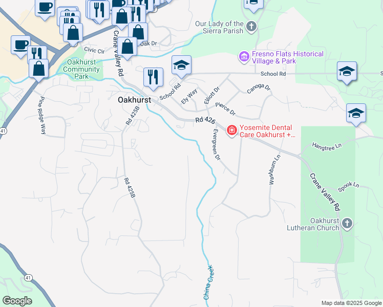 map of restaurants, bars, coffee shops, grocery stores, and more near 39627 Brandywine Lane in Oakhurst