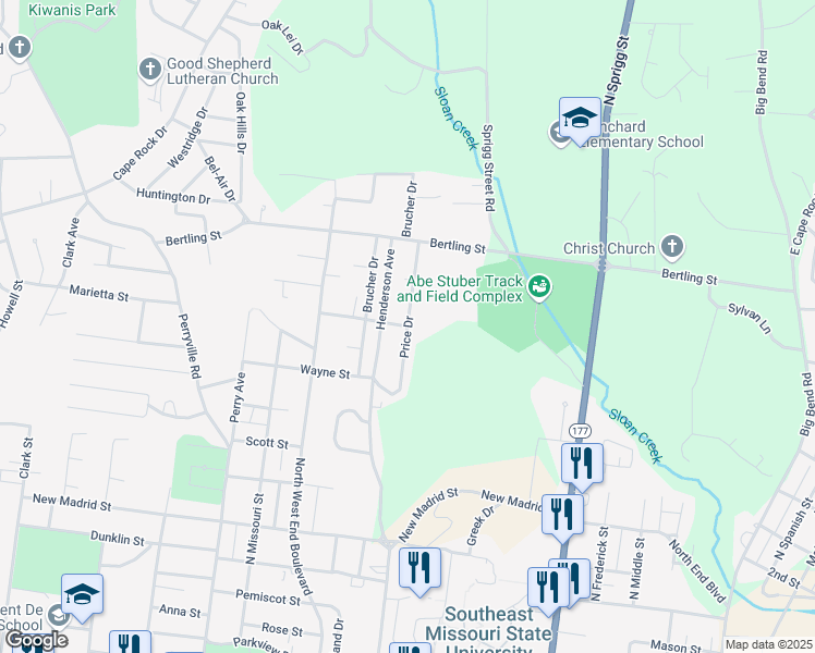 map of restaurants, bars, coffee shops, grocery stores, and more near 1200 Butler Street in Cape Girardeau