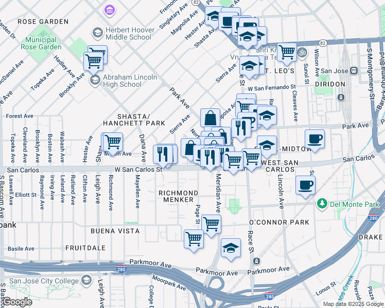 map of restaurants, bars, coffee shops, grocery stores, and more near 44 Muller Place in San Jose