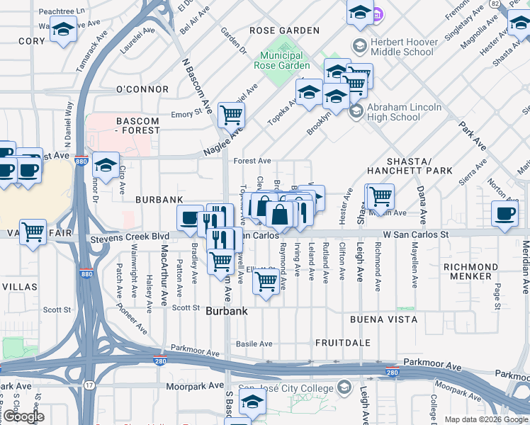 map of restaurants, bars, coffee shops, grocery stores, and more near 50 Cleveland Avenue in San Jose