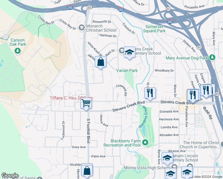 map of restaurants, bars, coffee shops, grocery stores, and more near 10131 Hillcrest Road in Cupertino