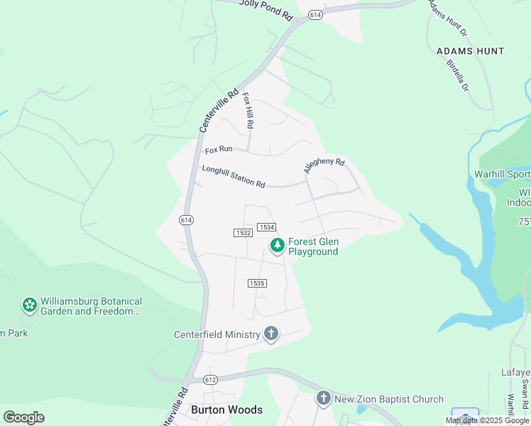 map of restaurants, bars, coffee shops, grocery stores, and more near 107 Walker Drive in Williamsburg