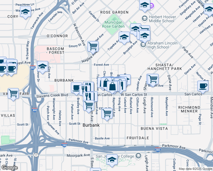 map of restaurants, bars, coffee shops, grocery stores, and more near 53 Brooklyn Avenue in San Jose