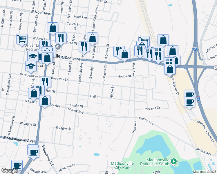 map of restaurants, bars, coffee shops, grocery stores, and more near 504 East Broadway Street in Madisonville