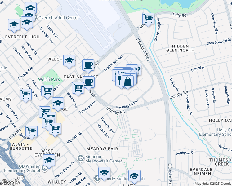 map of restaurants, bars, coffee shops, grocery stores, and more near 2217 Quimby Road in San Jose