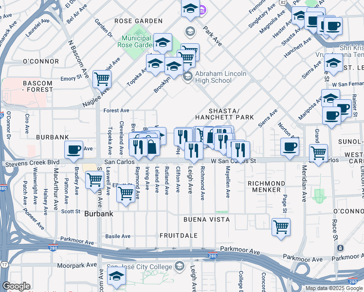 map of restaurants, bars, coffee shops, grocery stores, and more near 1762 Hester Avenue in San Jose