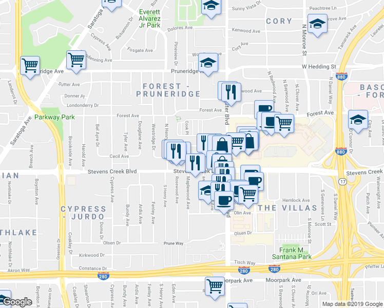 map of restaurants, bars, coffee shops, grocery stores, and more near 3191 Cecil Avenue in Santa Clara