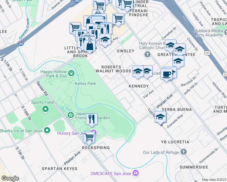 map of restaurants, bars, coffee shops, grocery stores, and more near 1450 Roberts Avenue in San Jose