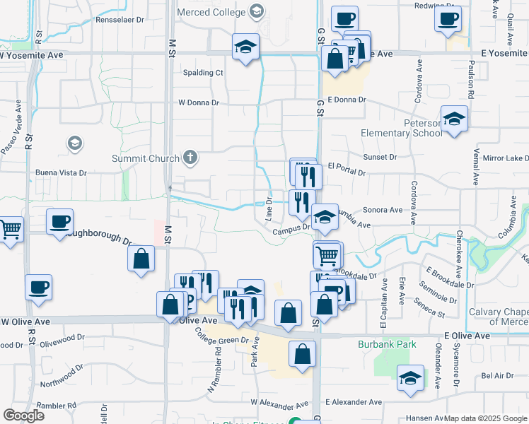 map of restaurants, bars, coffee shops, grocery stores, and more near 3315 Line Drive in Merced