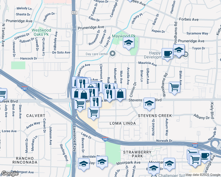 map of restaurants, bars, coffee shops, grocery stores, and more near 55 Rodonovan Drive in Santa Clara