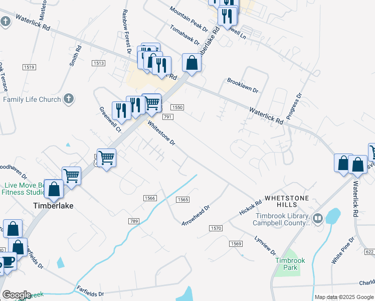 map of restaurants, bars, coffee shops, grocery stores, and more near 719 Whitestone Drive in Lynchburg