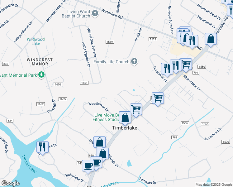 map of restaurants, bars, coffee shops, grocery stores, and more near 10 Rowse Drive in Lynchburg