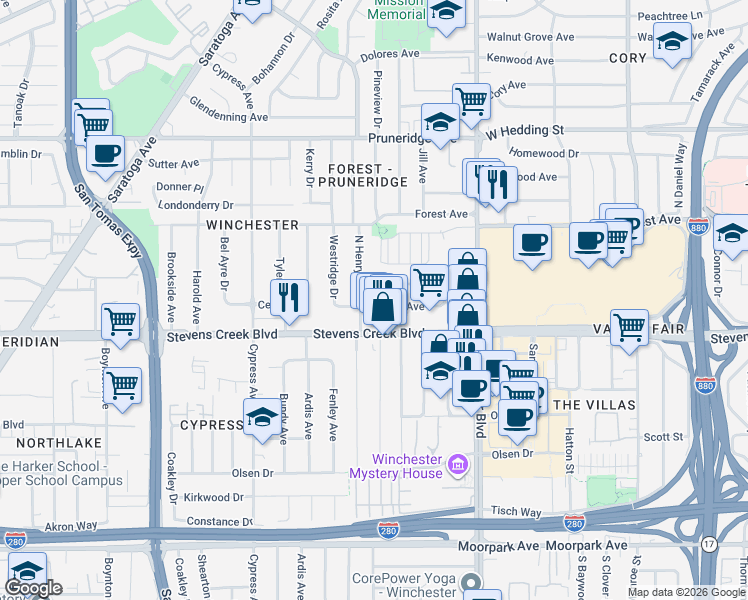 map of restaurants, bars, coffee shops, grocery stores, and more near 3267 Cecil Avenue in Santa Clara