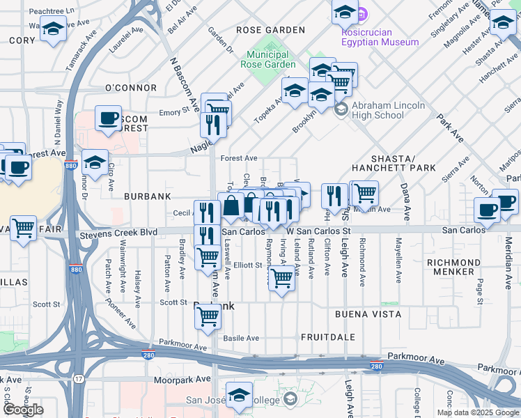 map of restaurants, bars, coffee shops, grocery stores, and more near 53 Brooklyn Avenue in San Jose