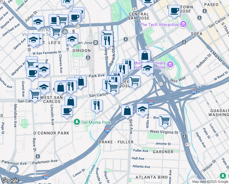 map of restaurants, bars, coffee shops, grocery stores, and more near 350 Bird Avenue in San Jose