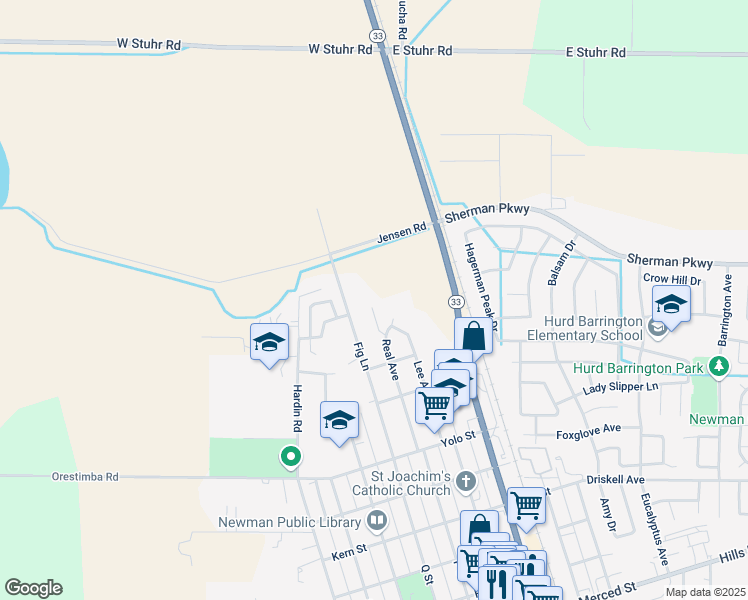 map of restaurants, bars, coffee shops, grocery stores, and more near 548 Real Court in Newman