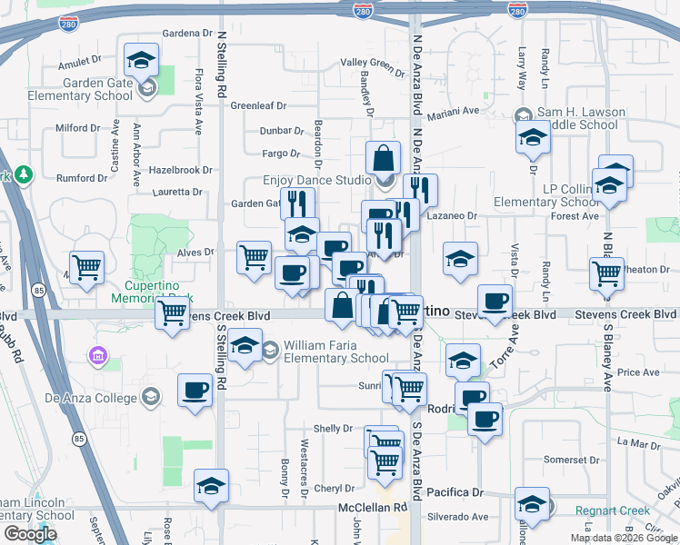 map of restaurants, bars, coffee shops, grocery stores, and more near 20745 Stevens Creek Boulevard in Cupertino