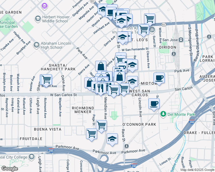 map of restaurants, bars, coffee shops, grocery stores, and more near 245 Meridian Avenue in San Jose