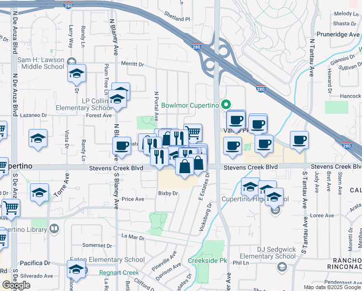 map of restaurants, bars, coffee shops, grocery stores, and more near 19683 Wheaton Dr in Cupertino