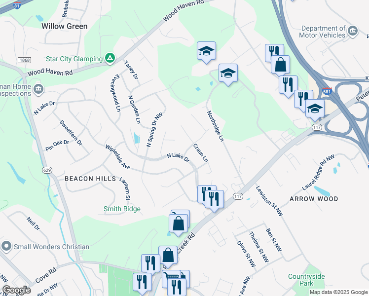 map of restaurants, bars, coffee shops, grocery stores, and more near 3214 Viking Drive in Roanoke