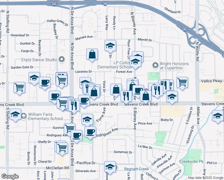 map of restaurants, bars, coffee shops, grocery stores, and more near 10107 Randy Lane in Cupertino