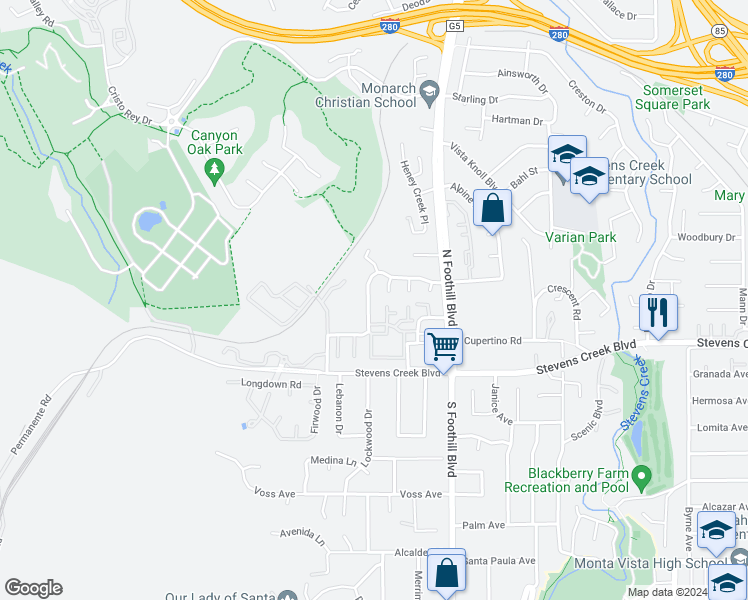 map of restaurants, bars, coffee shops, grocery stores, and more near 10176 English Oak Way in Cupertino