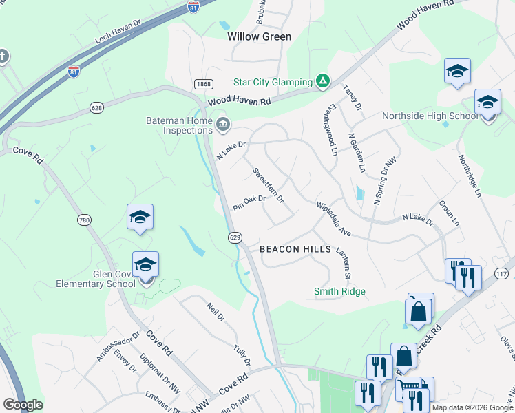 map of restaurants, bars, coffee shops, grocery stores, and more near 5434 Loblolly Drive in Roanoke