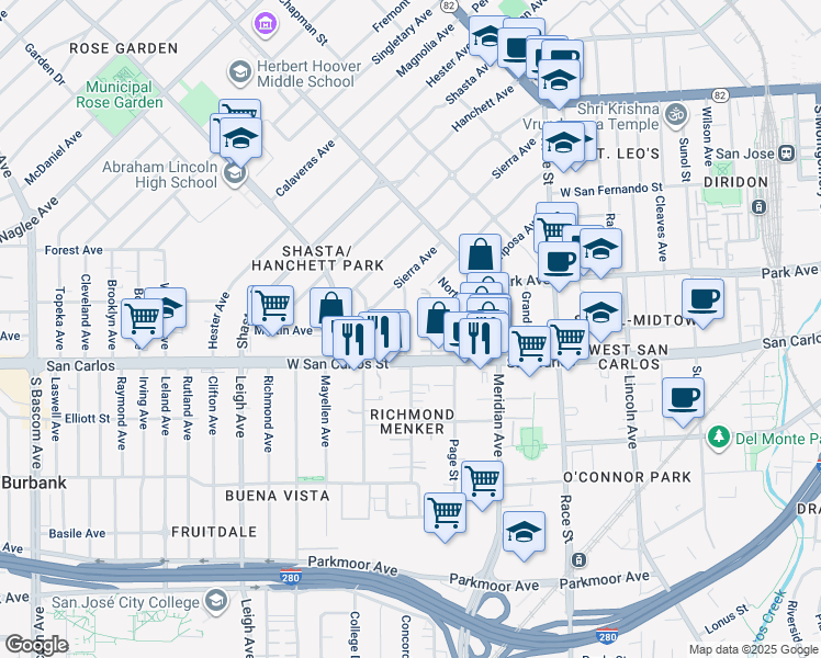 map of restaurants, bars, coffee shops, grocery stores, and more near 58 North Willard Avenue in San Jose