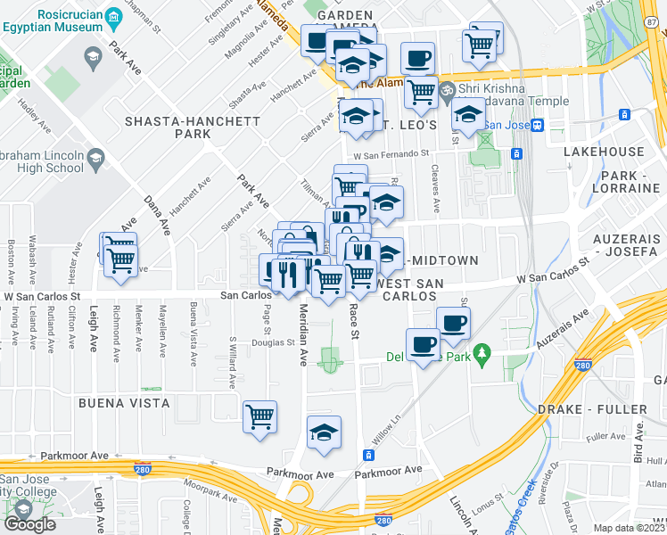 map of restaurants, bars, coffee shops, grocery stores, and more near 270 Grand Avenue in San Jose