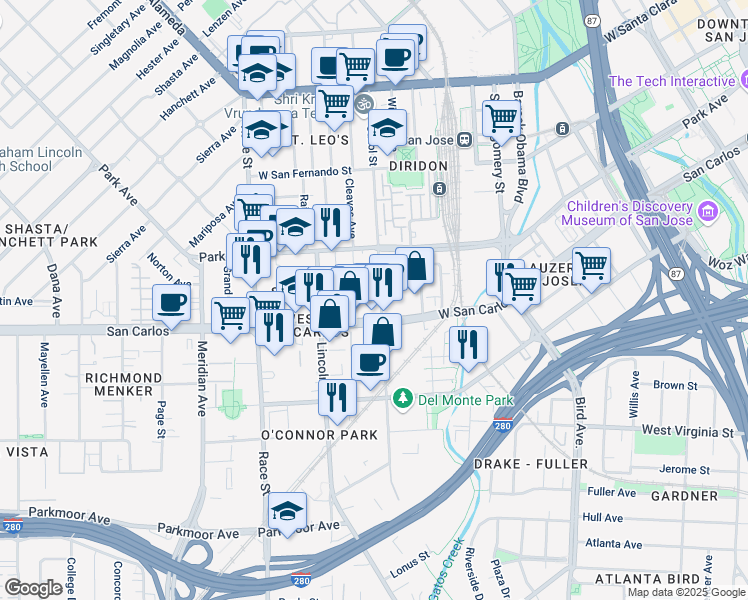 map of restaurants, bars, coffee shops, grocery stores, and more near in San Jose