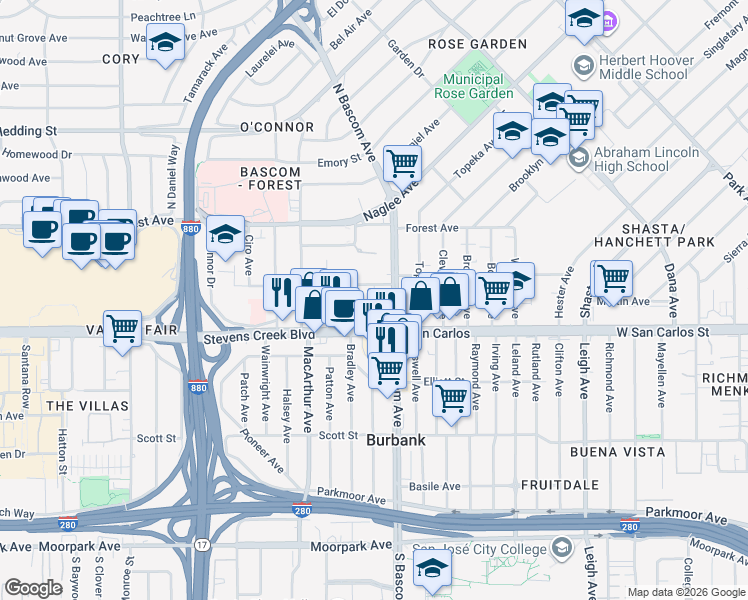 map of restaurants, bars, coffee shops, grocery stores, and more near 2269 Cecil Avenue in San Jose