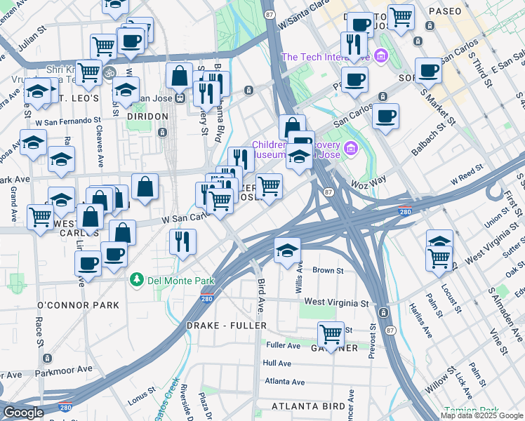 map of restaurants, bars, coffee shops, grocery stores, and more near 399 Josefa Street in San Jose