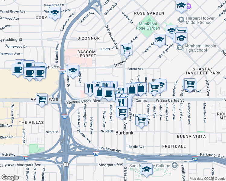 map of restaurants, bars, coffee shops, grocery stores, and more near 2269 Cecil Avenue in San Jose