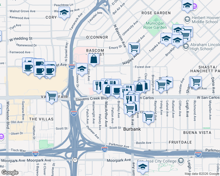 map of restaurants, bars, coffee shops, grocery stores, and more near 225 Revey Avenue in San Jose