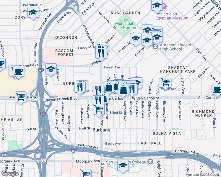 map of restaurants, bars, coffee shops, grocery stores, and more near 50 Topeka Avenue in San Jose
