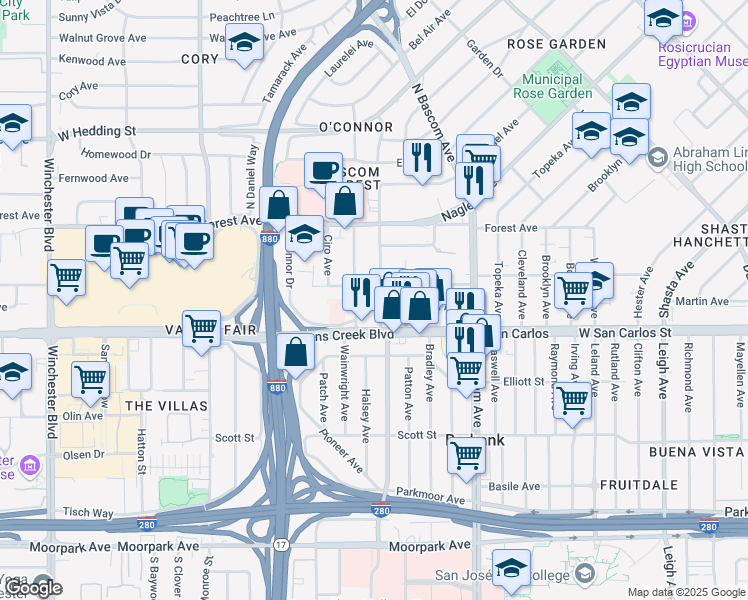 map of restaurants, bars, coffee shops, grocery stores, and more near 225 Bellerose Drive in San Jose