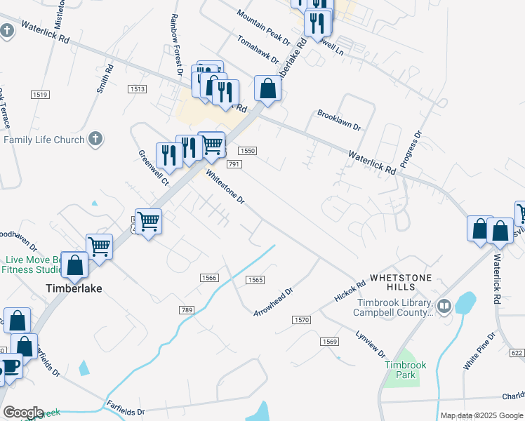 map of restaurants, bars, coffee shops, grocery stores, and more near 719 Whitestone Drive in Lynchburg