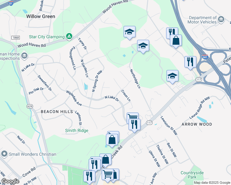 map of restaurants, bars, coffee shops, grocery stores, and more near 3214 Viking Drive in Roanoke