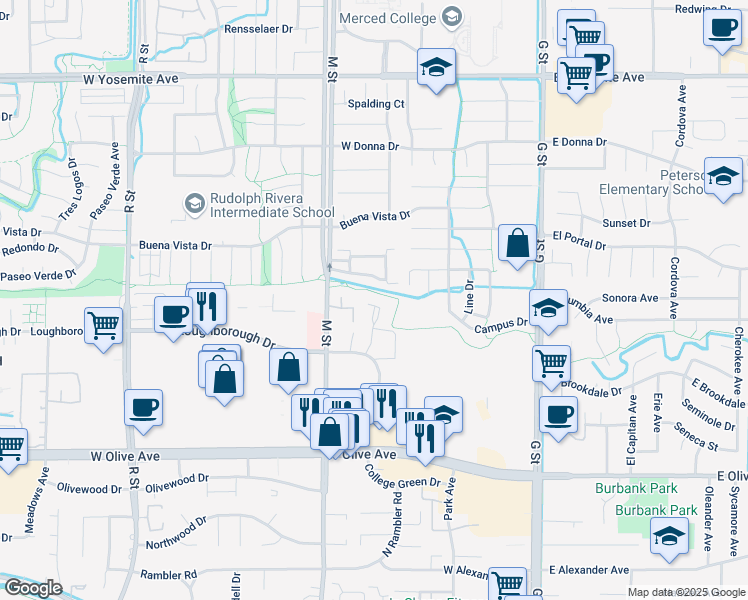 map of restaurants, bars, coffee shops, grocery stores, and more near 461 Collins Drive in Merced