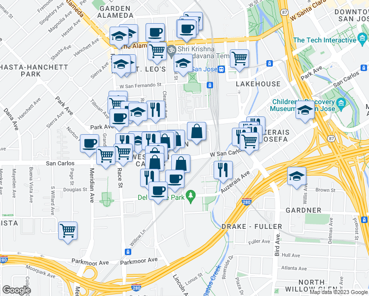 map of restaurants, bars, coffee shops, grocery stores, and more near 266 Sunol Street in San Jose